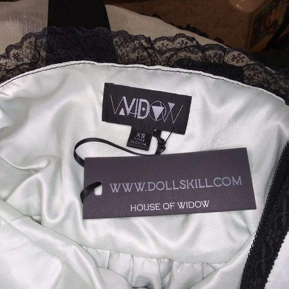 Dolls Kill House Of Widow Shimmery Mint Chiffon & Black Lace Trimmed Mini Dress - Picture 4 of 7